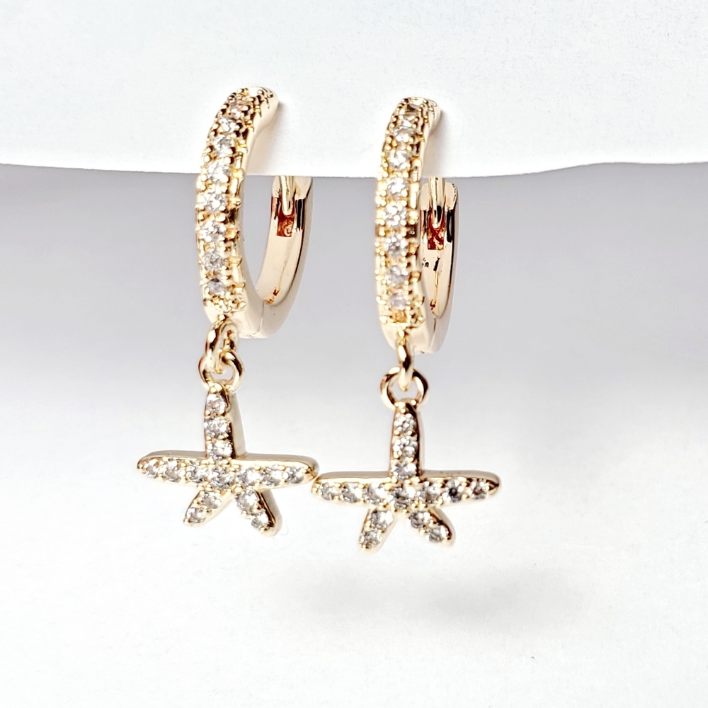Turandoss Pave Crystal Starfish Hoop Earrings Dangle Star Fish Charm Gold Tone